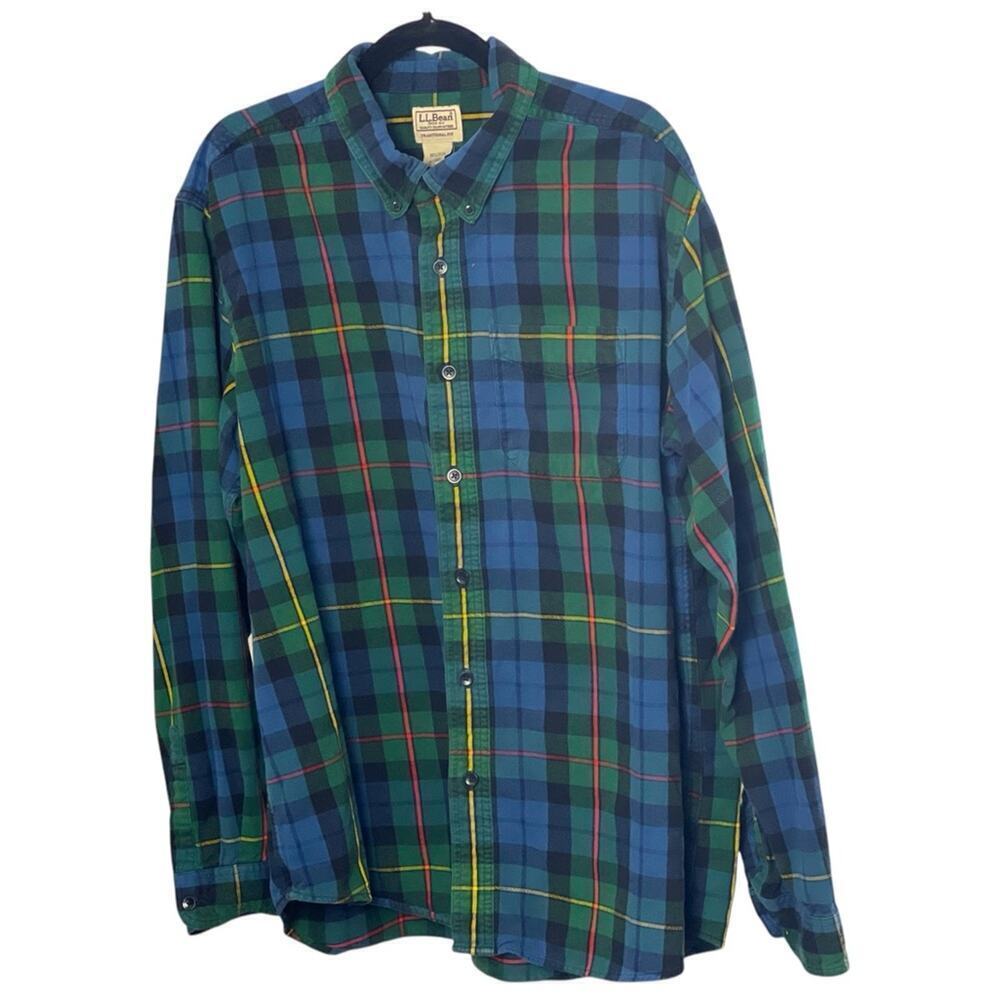L.L. Bean Blue/Green Plaid Traditional Fit Cotton Flannel Shirt, Outdoors, XL